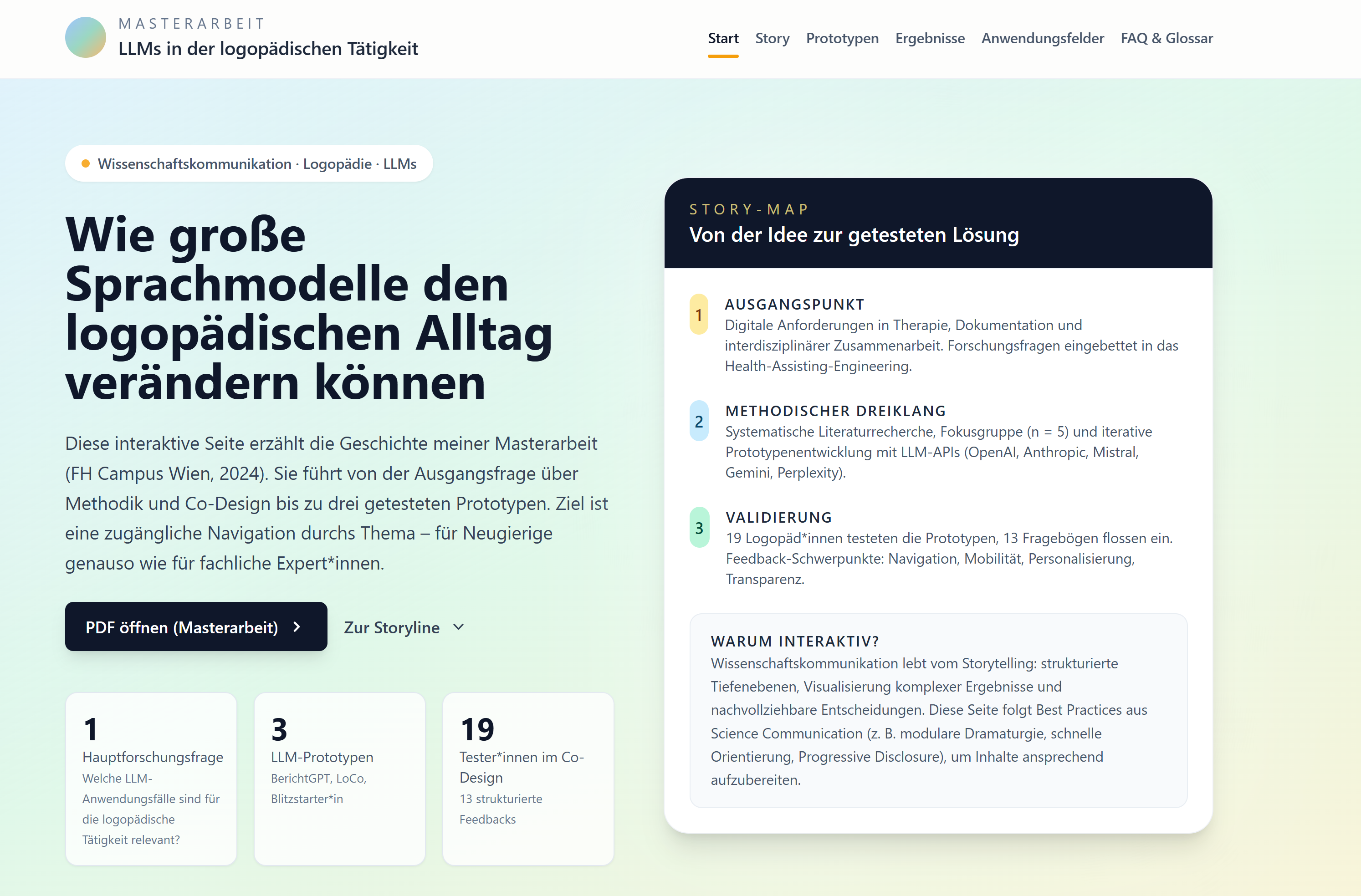 Bild einer wissenschaftlich gestaltetetn Internetseite zu meiner Masterarbeit über Large langugae Modelle in der logopädischen tätigkeit